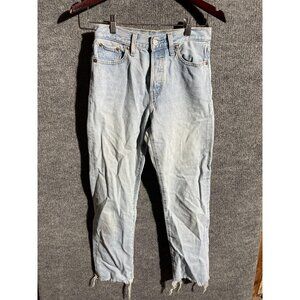 Levis Wedgie Straight Jeans Womens 26 Light Wash High Rise Raw Hem Denim Blue